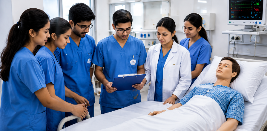 Nursing students in a clinical training session
